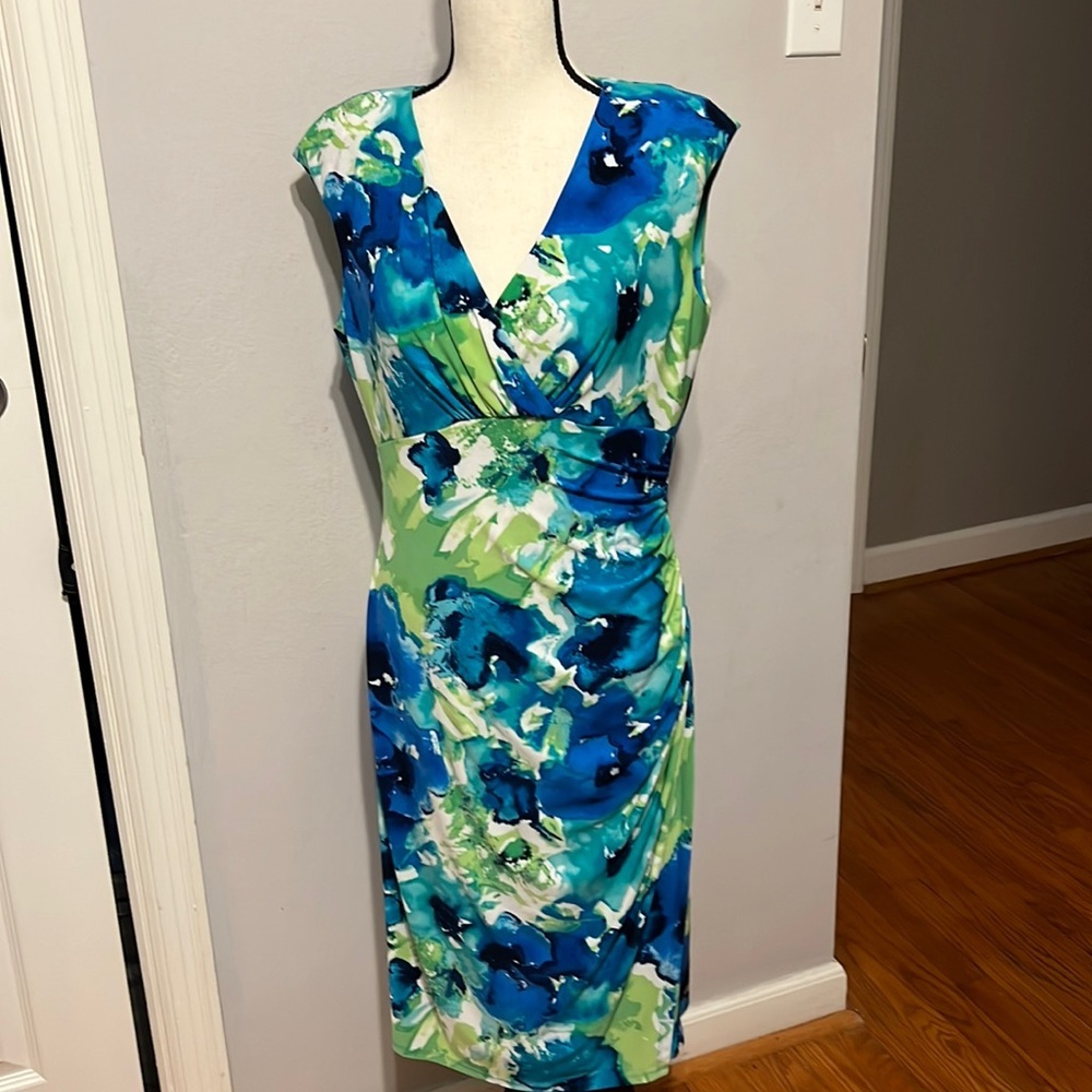 NWOT Lauren Ralph Lauren Green/Blue Front Roushed Dress.